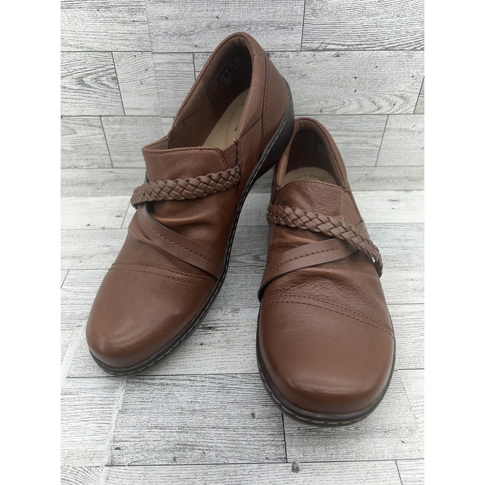 Clarks Shoes Womens Size 8 Brown Leather Comfort Slip‎ On Braided Detail Loafers